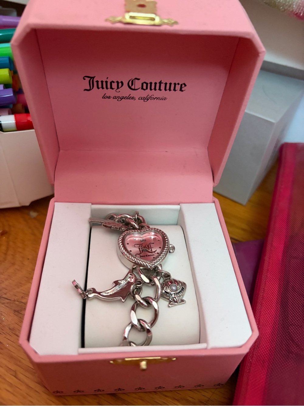 Juicy Couture Silver-Tone Chain Bracelet with Pink Heart Charm